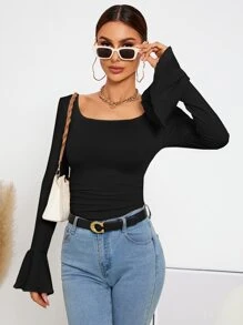 BizChic 大圓領荷葉袖T恤工作服 - 黑色 - 查看 4