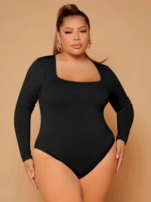 SHEIN SXY Plus Square Neck Slim Fit Bodysuit - Black - View 1