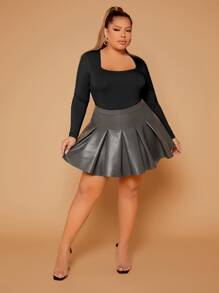 SHEIN SXY Plus Square Neck Slim Fit Bodysuit - Black - View 4