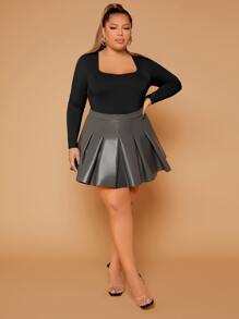 SHEIN SXY Plus Square Neck Slim Fit Bodysuit - Black - View 5