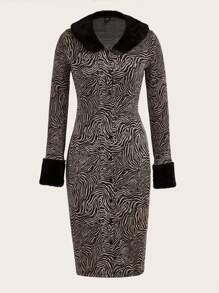 ROMWE PUNK Grunge Zebra Striped Fuzzy Trim Single Breasted Coat - Coffee Brown - View 1