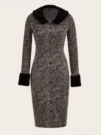 Manteau grunge à rayures zébrées à ourlet duveteux à bouton