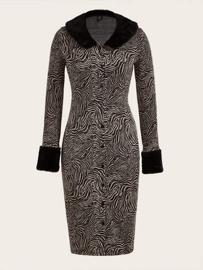 Grunge Zebra Striped Fuzzy Trim Single Breasted Coat