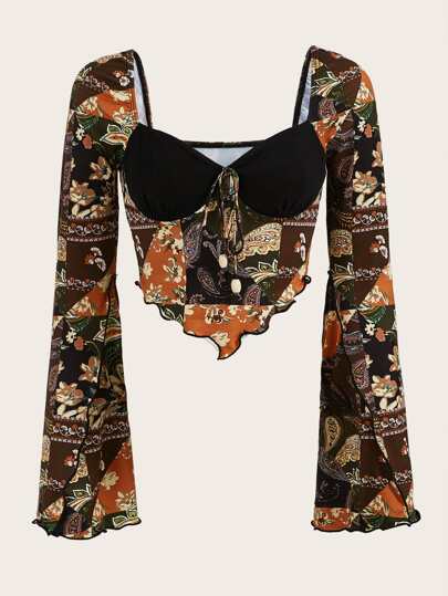 Grunge Floral Print Tie Front Flounce Sleeve Crop Tee