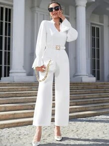 Modelyn 素色荷葉袖缺口V領腰帶連身褲 - 白色 - 查看 3
