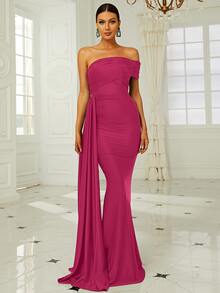 Missord 單肩褶邊側垂及地正式連衣裙 - 粉色 - 查看 3