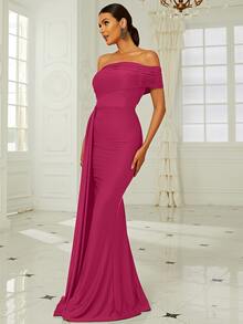 Missord 單肩褶邊側垂及地正式連衣裙 - 粉色 - 查看 4