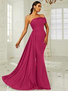 Missord 單肩褶邊側垂及地正式連衣裙 - 粉色 - 查看 6