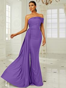 Missord One Shoulder Side Draped Formal Dress - Violet Purple - View 3