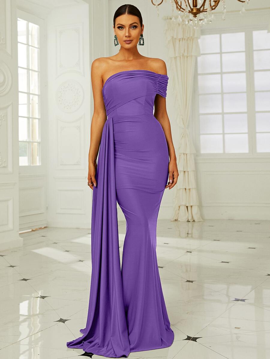Missord One Shoulder Side Draped Formal Dress - Violet Purple - View 1