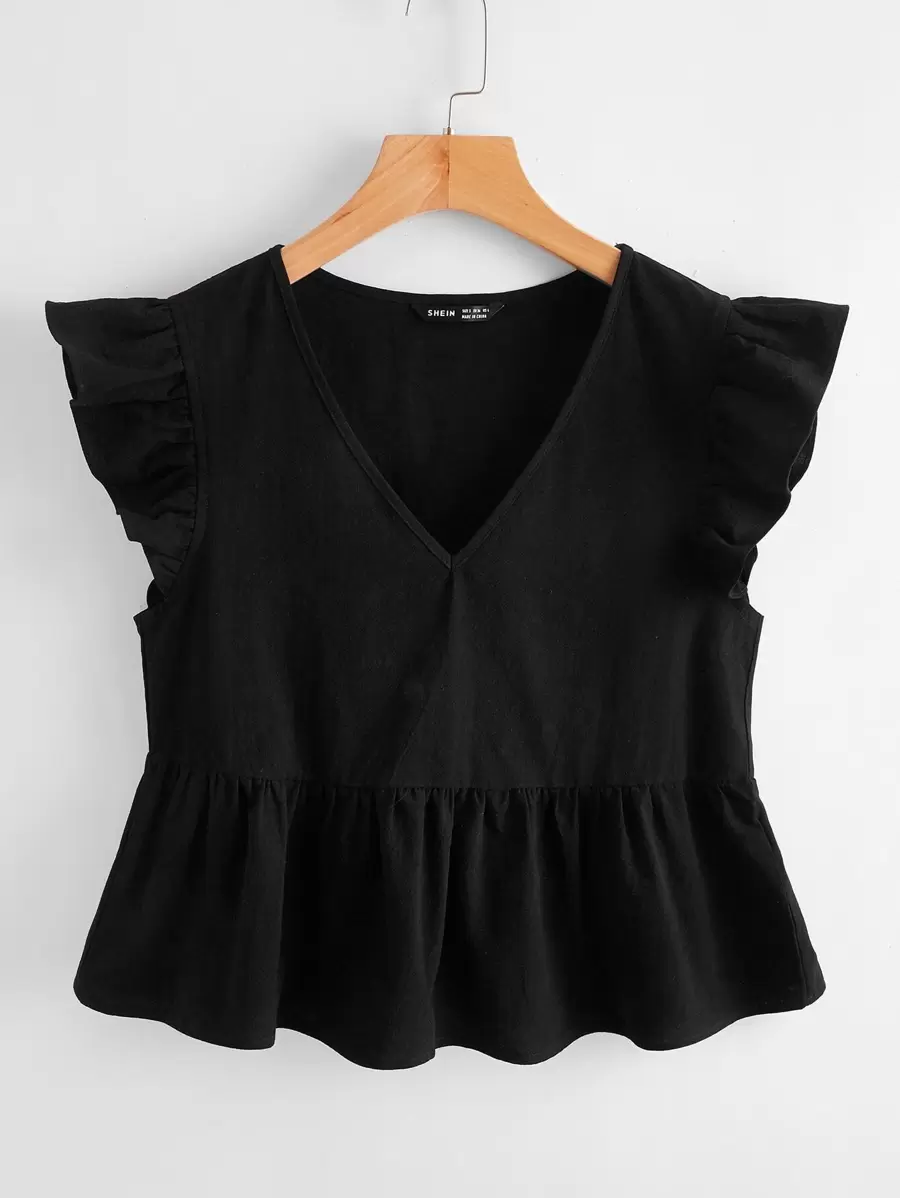 Soleia WYWH  Women Vacation Peplum Butterfly Sleeve Ruffle Hem Black Top - Black - View 1