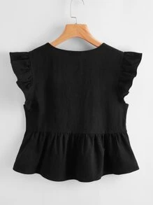 Soleia WYWH  Women Vacation Peplum Butterfly Sleeve Ruffle Hem Black Top - Black - View 2
