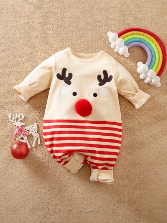 Yierying 男女嬰通用卡通和條紋印花小絨球連身褲