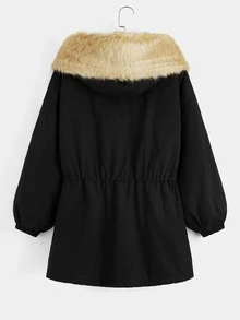 SHEIN EZwear Plus Drawstring Waist Fuzzy Trim Hooded Parka Coat - Black - View 3
