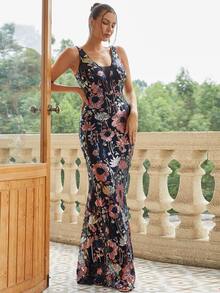 Missord Floral Sequins Contrast Mesh Prom Dress - Multicolor - View 4