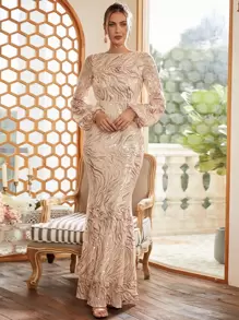 Missord Váy dạ hội dài tay đuôi cá viền ren tương phản tay đèn lồng sang trọng cho tiệc cưới, dự tiệc tốt nghiệp, tiệc tối - Rượu sâm banh - Xem 1