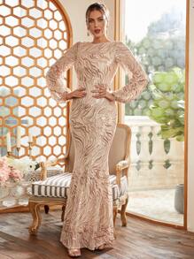 Missord Váy dạ hội dài tay đuôi cá viền ren tương phản tay đèn lồng sang trọng cho tiệc cưới, dự tiệc tốt nghiệp, tiệc tối - Rượu sâm banh - Xem 6