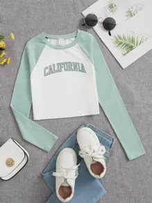 SHEIN 圓領長運動袖少女字母印花T卹 - 薄荷綠 - 查看 1