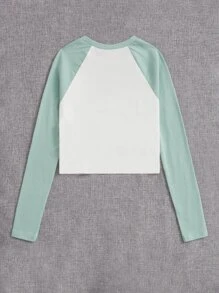 SHEIN 圓領長運動袖少女字母印花T卹 - 薄荷綠 - 查看 2