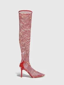 CUCCOO SZL Rhinestone Decor Mesh Panel Stiletto Heeled Boots - Red - View 6