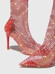 CUCCOO SZL Rhinestone Decor Mesh Panel Stiletto Heeled Boots - Red - View 5