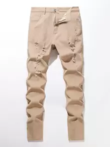 Manfinity LEGND Hombres Jeans ajustados desgarro algodón - Caqui - Ver 1