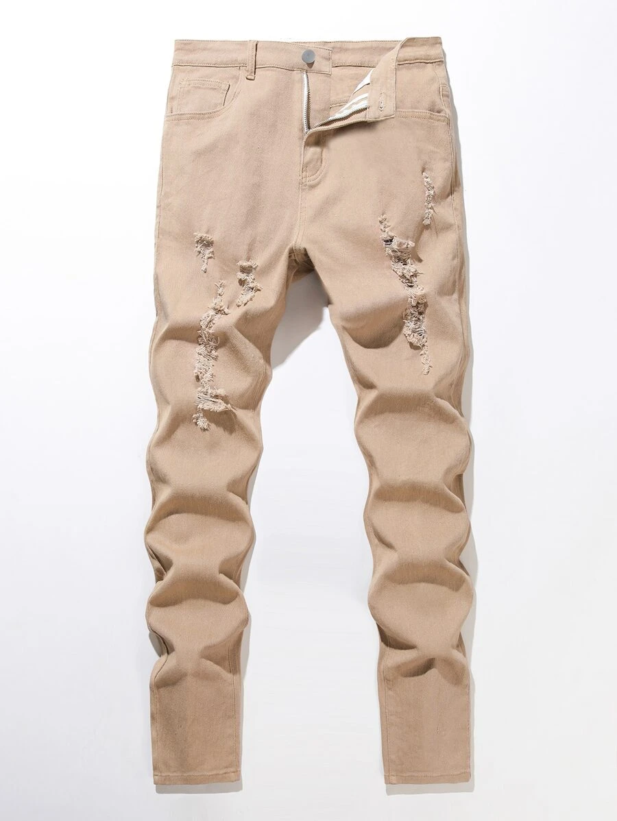 Manfinity LEGND Hombres Jeans ajustados desgarro algodón - Caqui - Ver 1