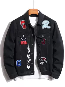 Manfinity Men Letter Patched Detail Flap Pocket Denim Jacket Without Tee - Black - View 1