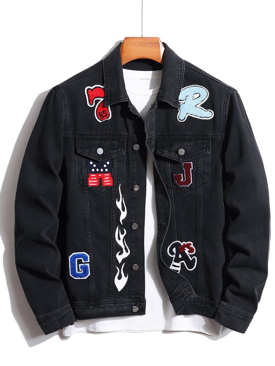 Manfinity Men Letter Patched Detail Flap Pocket Denim Jacket Without Tee - Black - View 1