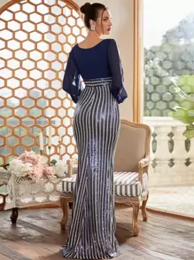 Missord Split Sleeve Mesh Panel Contrast Sequin Formal Dress - Navy Blue - View 2