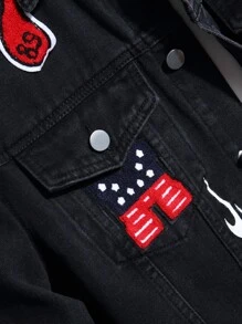 Manfinity Men Letter Patched Detail Flap Pocket Denim Jacket Without Tee - Black - View 3