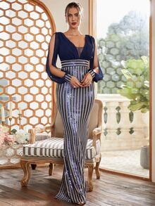 Missord Split Sleeve Mesh Panel Contrast Sequin Formal Dress - Navy Blue - View 7