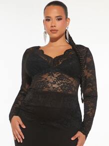 SHEIN SXY Plus Floral Lace Top Without Bra - Black - View 1