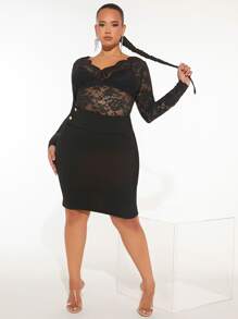 SHEIN SXY Plus Floral Lace Top Without Bra - Black - View 4