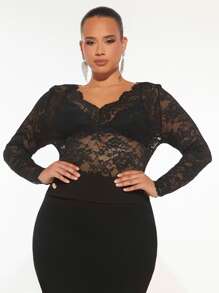 SHEIN SXY Plus Floral Lace Top Without Bra - Black - View 5