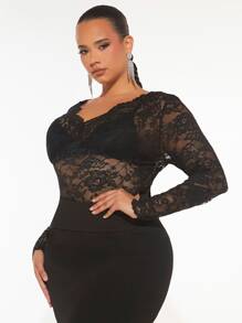 SHEIN SXY Plus Floral Lace Top Without Bra - Black - View 6