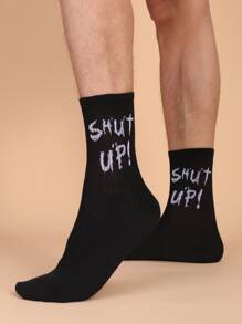 Men Slogan Graphic Crew Socks - Black - View 1