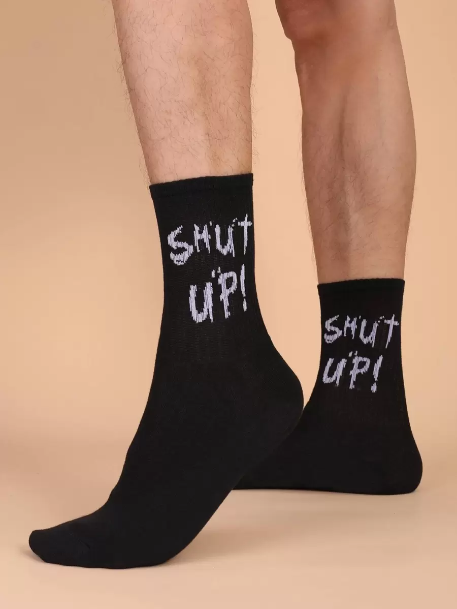 Men Slogan Graphic Crew Socks - Black - View 1