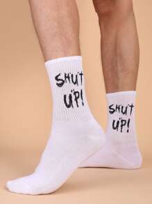 Men Slogan Graphic Crew Socks - White - View 1