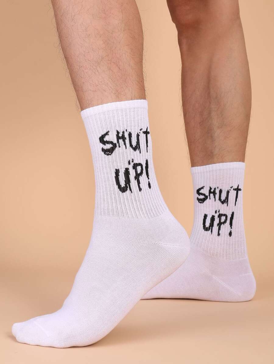 Men Slogan Graphic Crew Socks - White - View 1