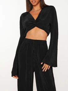SHEIN Tall 前扭結上衣和闊腿褲 - 黑色 - 查看 5