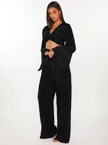 SHEIN Tall 前扭結上衣和闊腿褲 - 黑色 - 查看 6