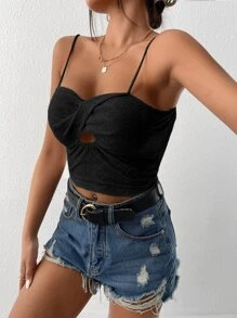 SHEIN Privé Twist Front Cut Out Schiffy Cami Top - Black - View 5