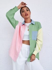 SHEIN Qutie Camisa con bolsillo de hombros caídos de color combinado largo - Multicolor - Ver 5