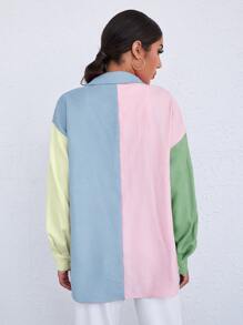 SHEIN Qutie Camisa con bolsillo de hombros caídos de color combinado largo - Multicolor - Ver 2