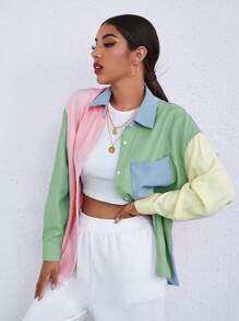 SHEIN Qutie Camisa con bolsillo de hombros caídos de color combinado largo - Multicolor - Ver 3