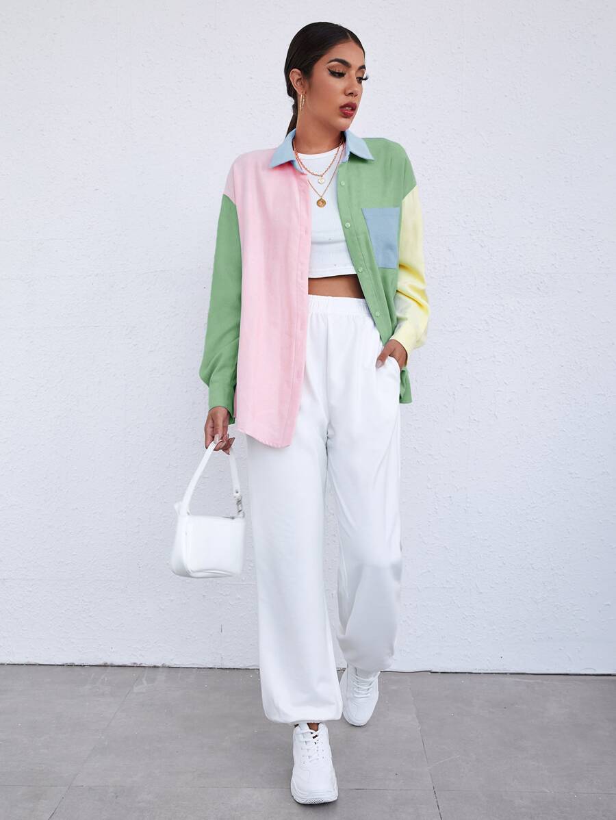 SHEIN Qutie Camisa con bolsillo de hombros caídos de color combinado largo - Multicolor - Ver 1