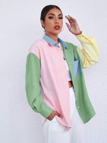 SHEIN Qutie Camisa con bolsillo de hombros caídos de color combinado largo - Multicolor - Ver 4