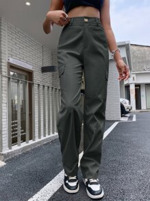 Flirla High Waist Flap Pocket Cargo Pants