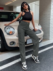 Flirla High Waist Flap Pocket Cargo Pants